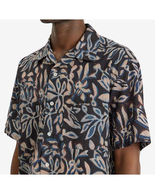 Beams Plus Black Open Collar Block Print Leaf Shirt for men