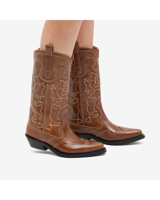 Ganni Brown Embroidered Western Boot