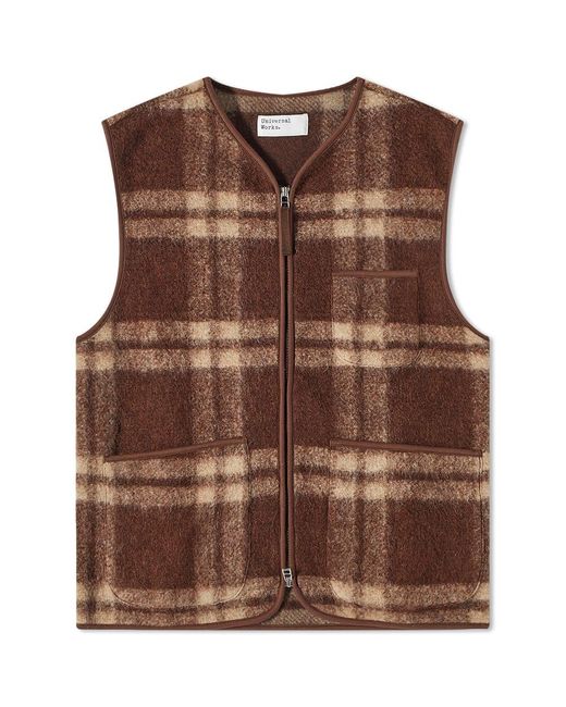 Universal Works Brown Check Wool Fleece Zip Gilet for men
