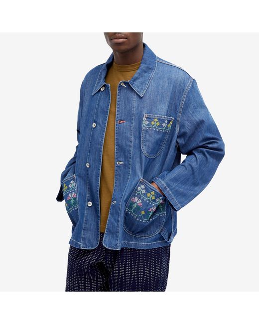 YMC Blue Embroidered Labour Chore Denim Jacket for men