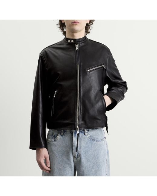 MKI Miyuki-Zoku Black Cropped Leather Racer Jacket for men
