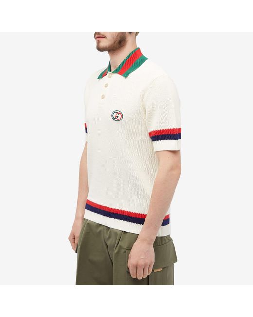 Gucci Natural Logo-embroidered Striped Cotton-knit Polo Shirt for men