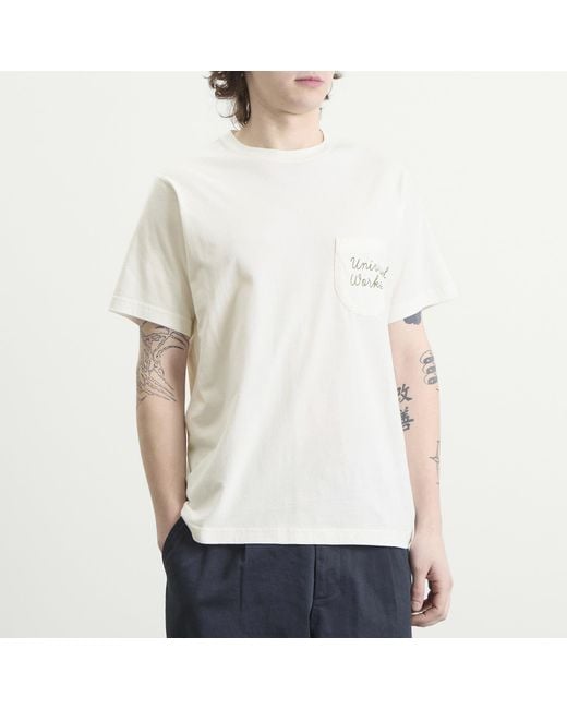 Universal Works White Script Logo Pocket T-Shirt for men