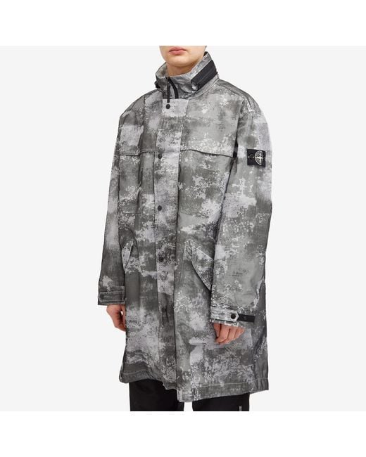 Stone Island Gray Reflective Grid Camo Parka Jacket for men