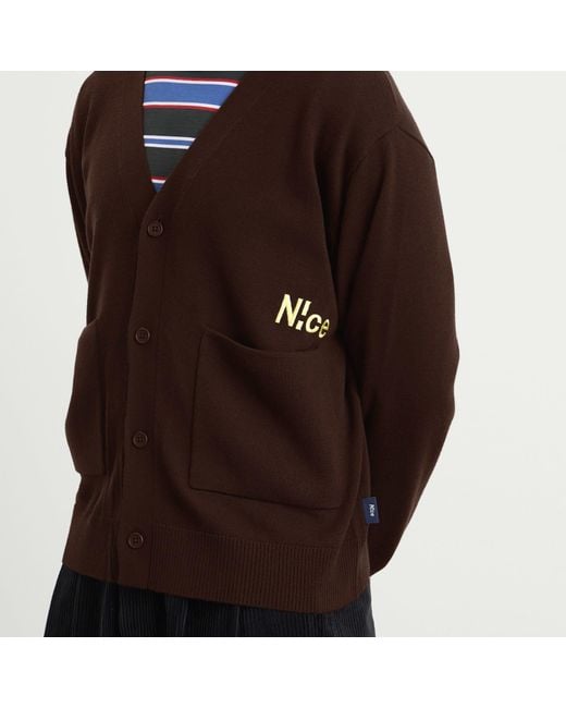 N!CE Brown Embroidered Logo Knit Cardigan for men