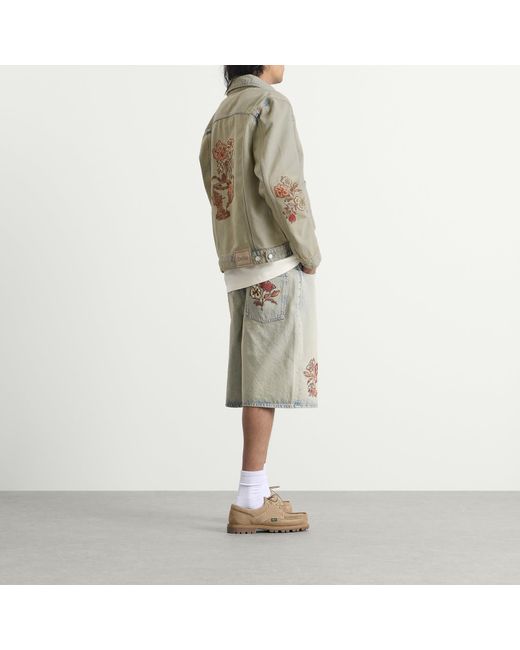 Drole de Monsieur Gray Embroidered Flowers Patch Denim Jacket for men