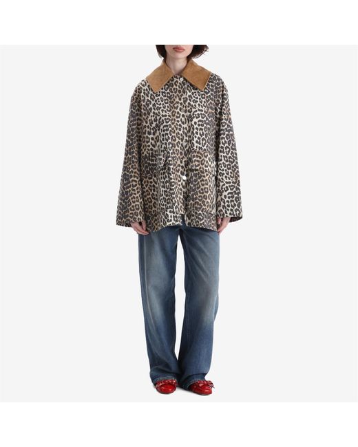 Ganni Black Printed Leopard Canvas Midi Jacket
