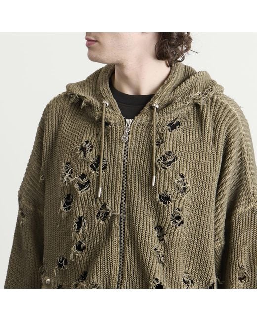 THUG CLUB Green Distressed Knitted Hoodie for men