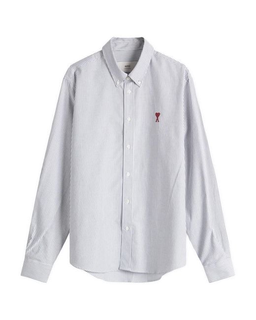 AMI White Heart Striped Button Down Oxford Shirt for men