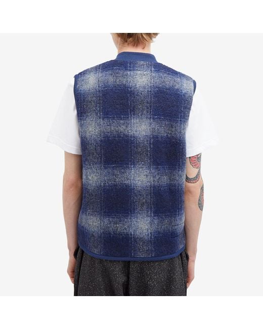 Universal Works Blue Check Wool Fleece Zip Waistcoat for men