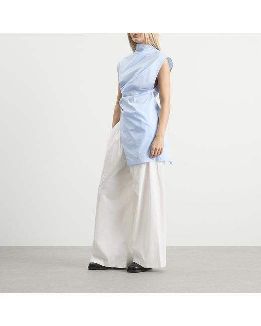 Tolu Coker Blue Cotton Asymmetric Drape Blouse