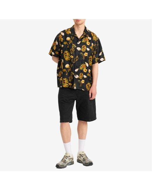 A Bathing Ape Black Vacation Pattern Open Collar Ss Shirt for men