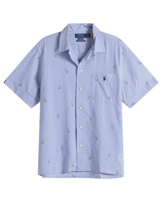 Polo Ralph Lauren Blue Seersucker Sailboat Short Sleeve Shirt for men