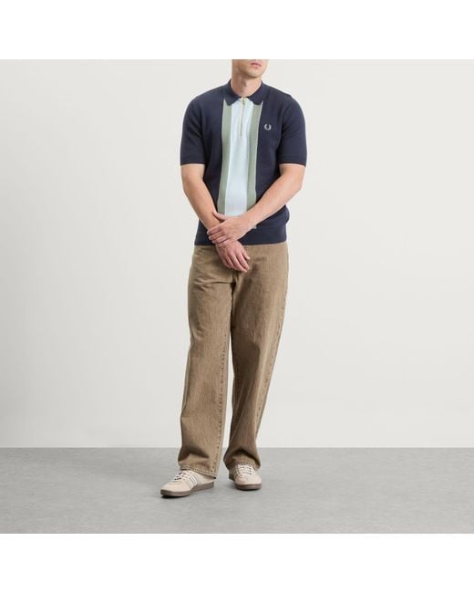 Fred Perry Blue Textured Stripe Knitted Zip Polo Shirt for men