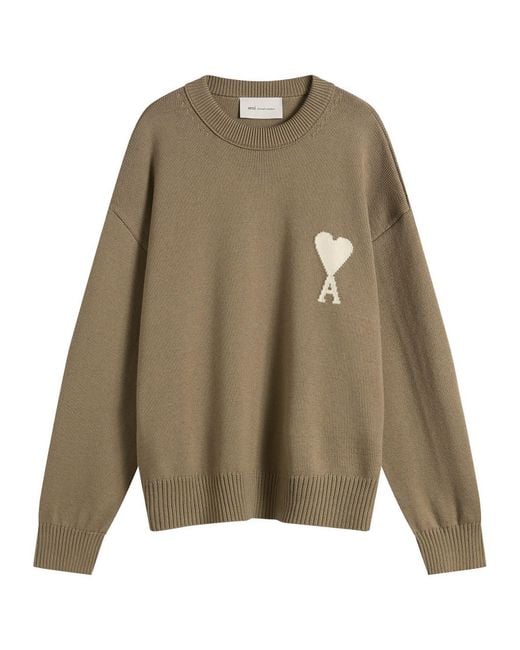 AMI Green Crewneck Sweater With Contrasted Ami De Coeur for men
