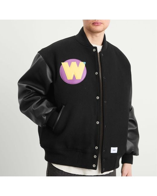 (w)taps Black Applique Varsity Jacket for men