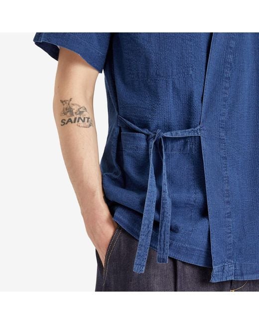 Universal Works Blue Seersucker Short Sleeve Kyoto Shirt for men