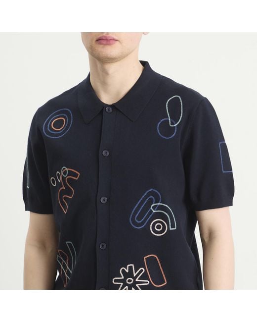 Wax London Black Tellaro Shapes Embroidery Knit Shirt for men