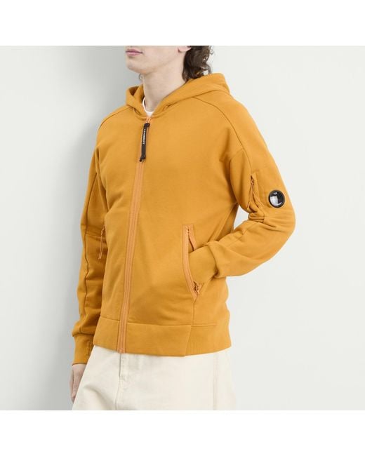 C P Company Yellow Diagonal Raised Fleece Hooded Lens Sweatshirt for men