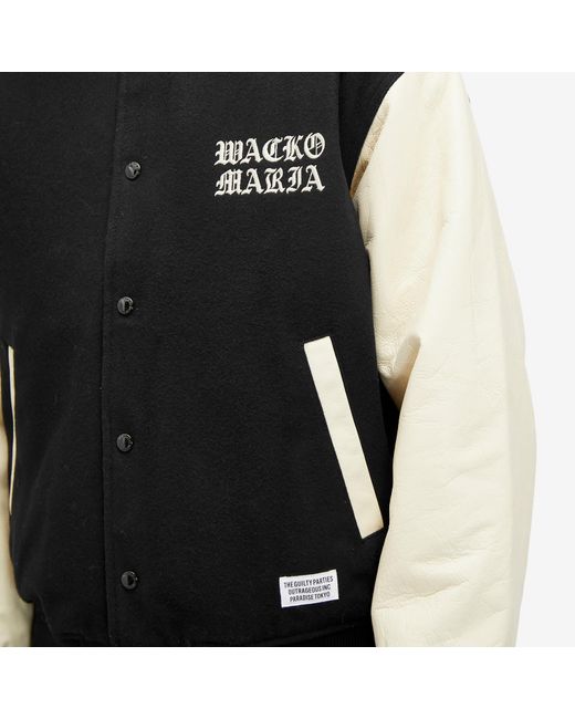 Wacko Maria Black Leather Varsity Jacket for men