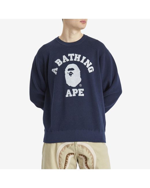 A Bathing Ape Blue College Waffle Crewneck Sweater for men