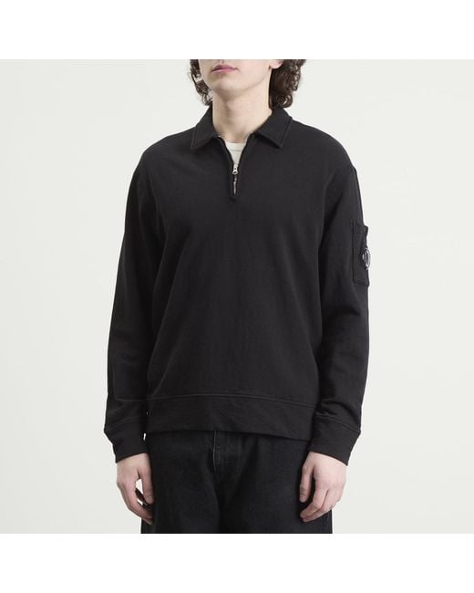 C P Company Black Malfile Fleece Quarter Zip Collared Sweatshirt for men