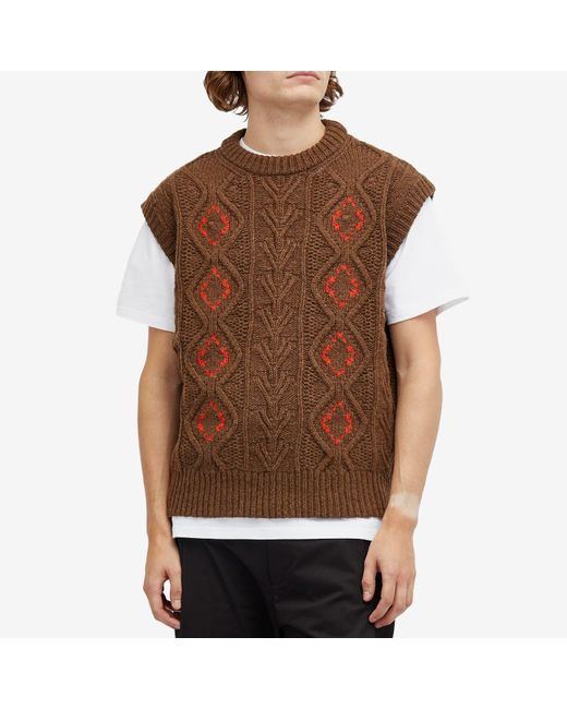 A Kind Of Guise Brown Italian Lambswool Embroidered Knit Vest for men