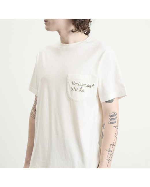 Universal Works White Script Logo Pocket T-Shirt for men