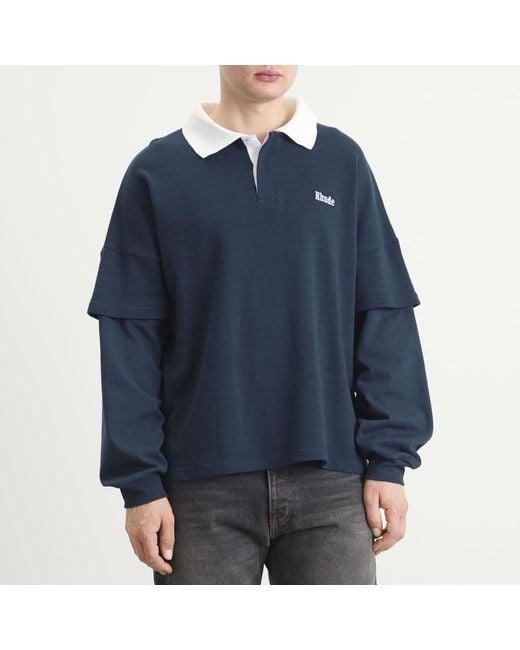 Rhude Blue Striped Layered Long Sleeve Pique Polo for men