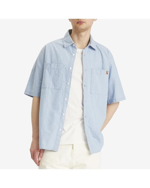 Maison Kitsuné Blue Relaxed Chambray Short Sleeve Shirt for men