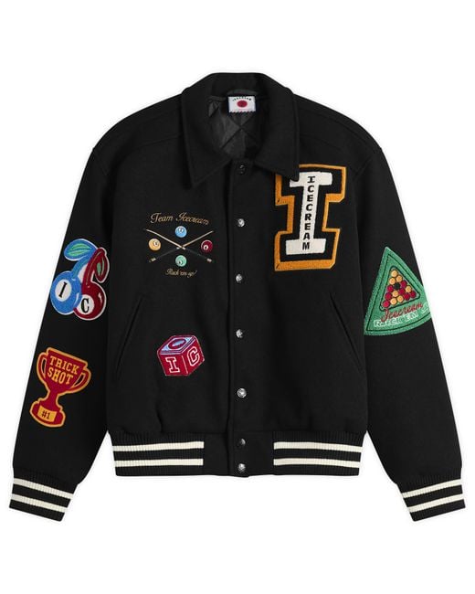 ICECREAM Black Trick Shot Collared Varsity Jacket for men