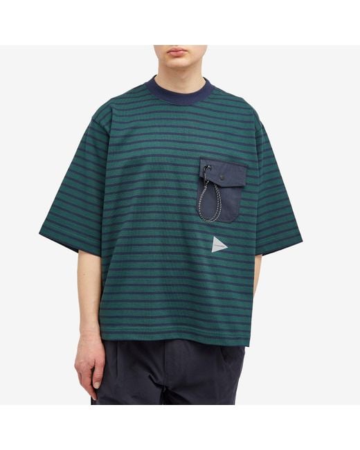 And Wander Green Stripe Pocket Half Sleeve T-Shirt for men