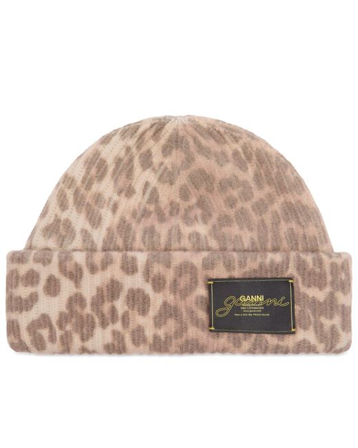Ganni Natural Graphic Wool Mix Beanie