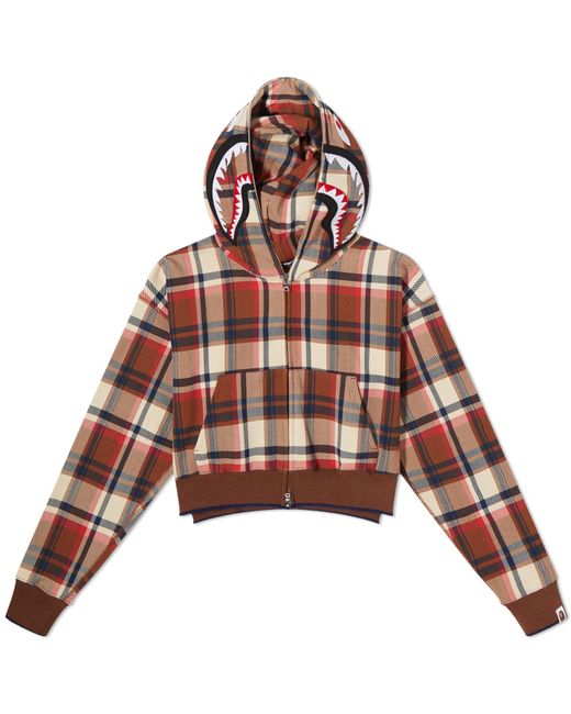 A Bathing Ape Check Cropped Shark Full Zip Hoodie in Red | Lyst 