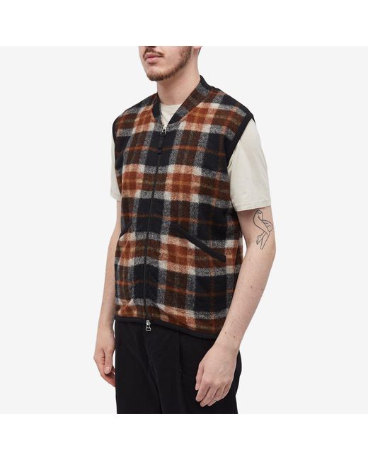 Universal Works Brown Check Wool Fleece Zip Waistcoat for men