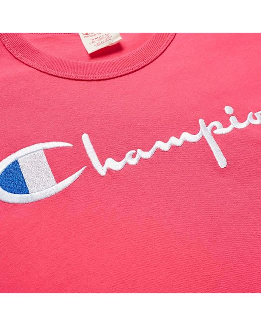 Champion Cotton Large Script Fuchsia Pink T Shirt For Men Save