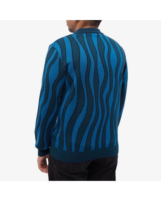 by Parra Blue Aqua Weed Waves Knitted Polo Shirt for men