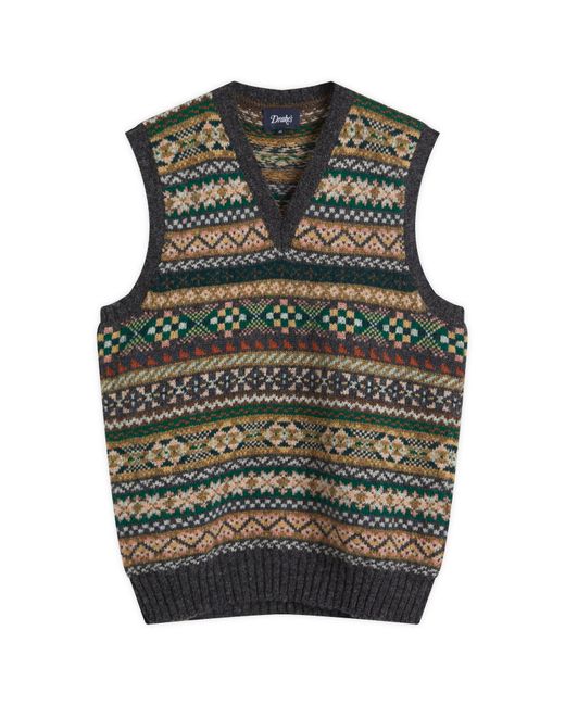 Drake's Green Fair Isle Knitted Vest for men