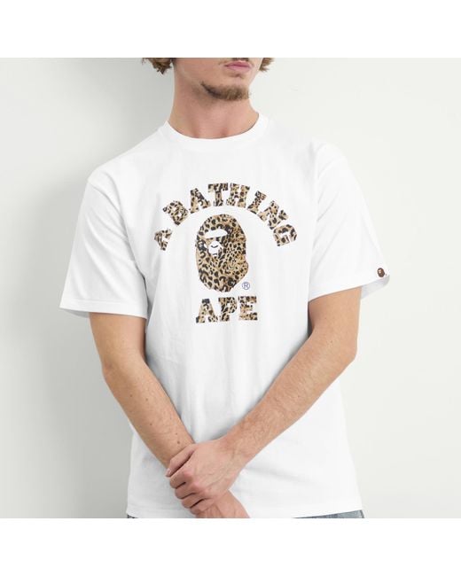 A Bathing Ape White Wild Leopard College T-Shirt for men