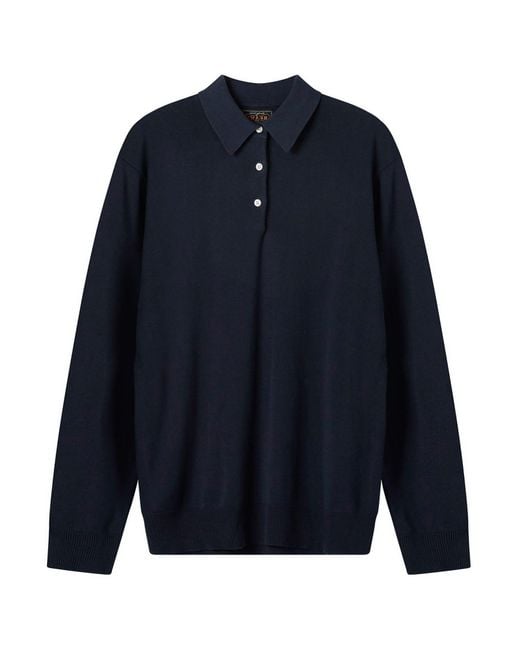 Beams Plus Blue 12G Knit Long Sleeve Polo Shirt for men