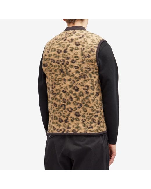 Universal Works Brown Leopard Wool Fleece Gilet for men