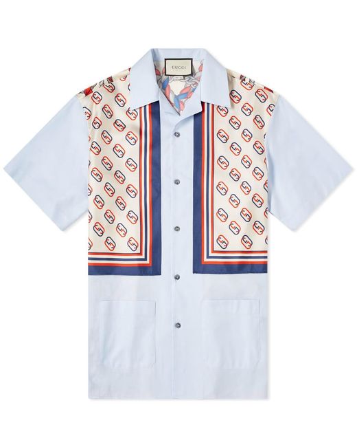 Gucci Blue Lion And Gg Print Cotton And Silk Panel Shirt for men