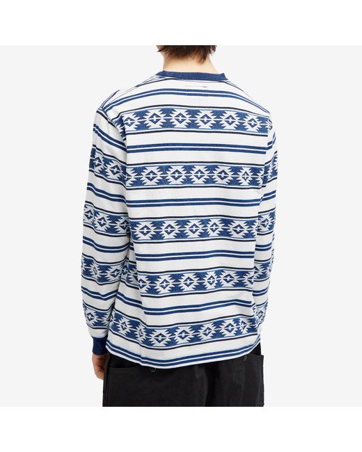 Beams Plus Blue Long Sleeve Jacquard Stripe Pocket T-Shirt for men