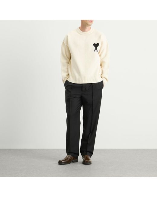 AMI White Felted Merino Wool Knit Adc Crew Neck Jumper for men