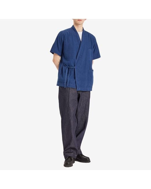 Universal Works Blue Seersucker Short Sleeve Kyoto Shirt for men