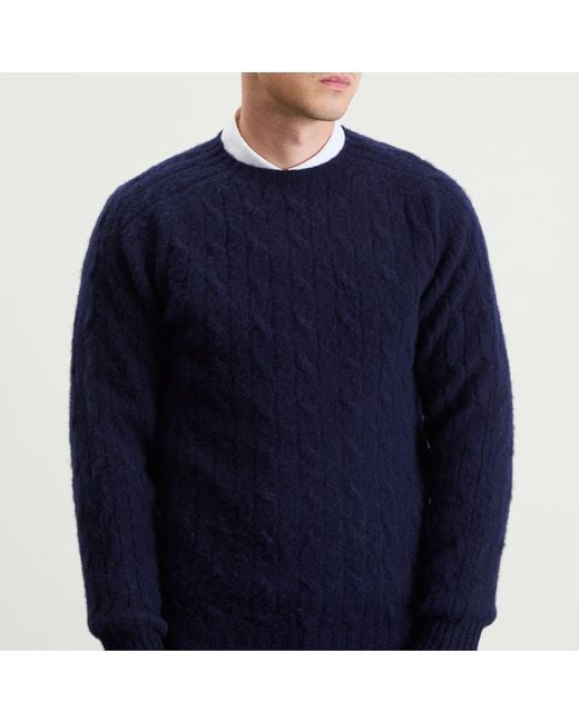 Drake's Blue Brushed Shetland Cable Jumper for men