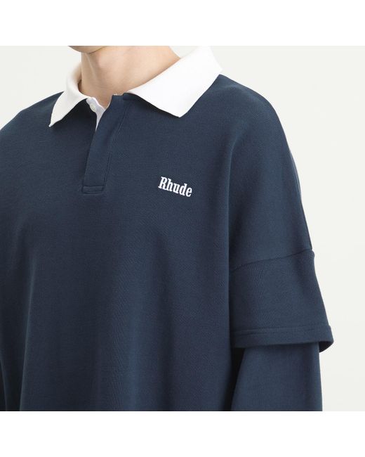 Rhude Blue Striped Layered Long Sleeve Pique Polo for men
