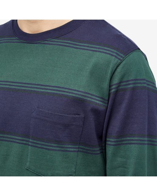 Beams Plus Blue Long Sleeve Stripe Pocket T-Shirt for men