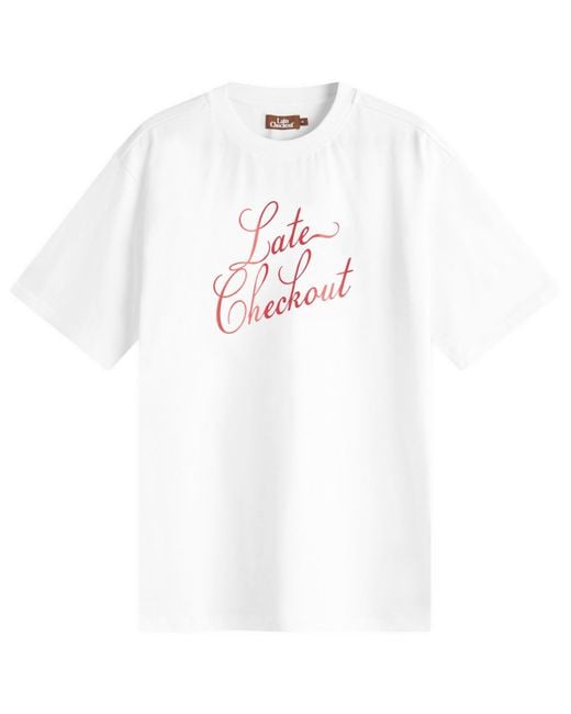 Late Checkout White Script T-Shirt for men