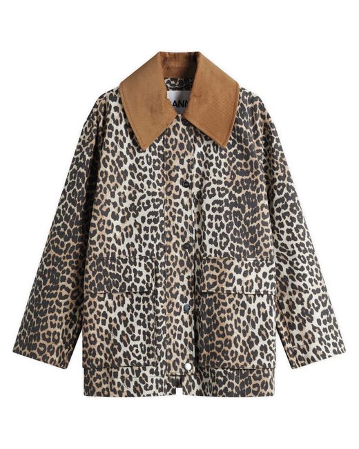 Ganni Black Printed Leopard Canvas Midi Jacket